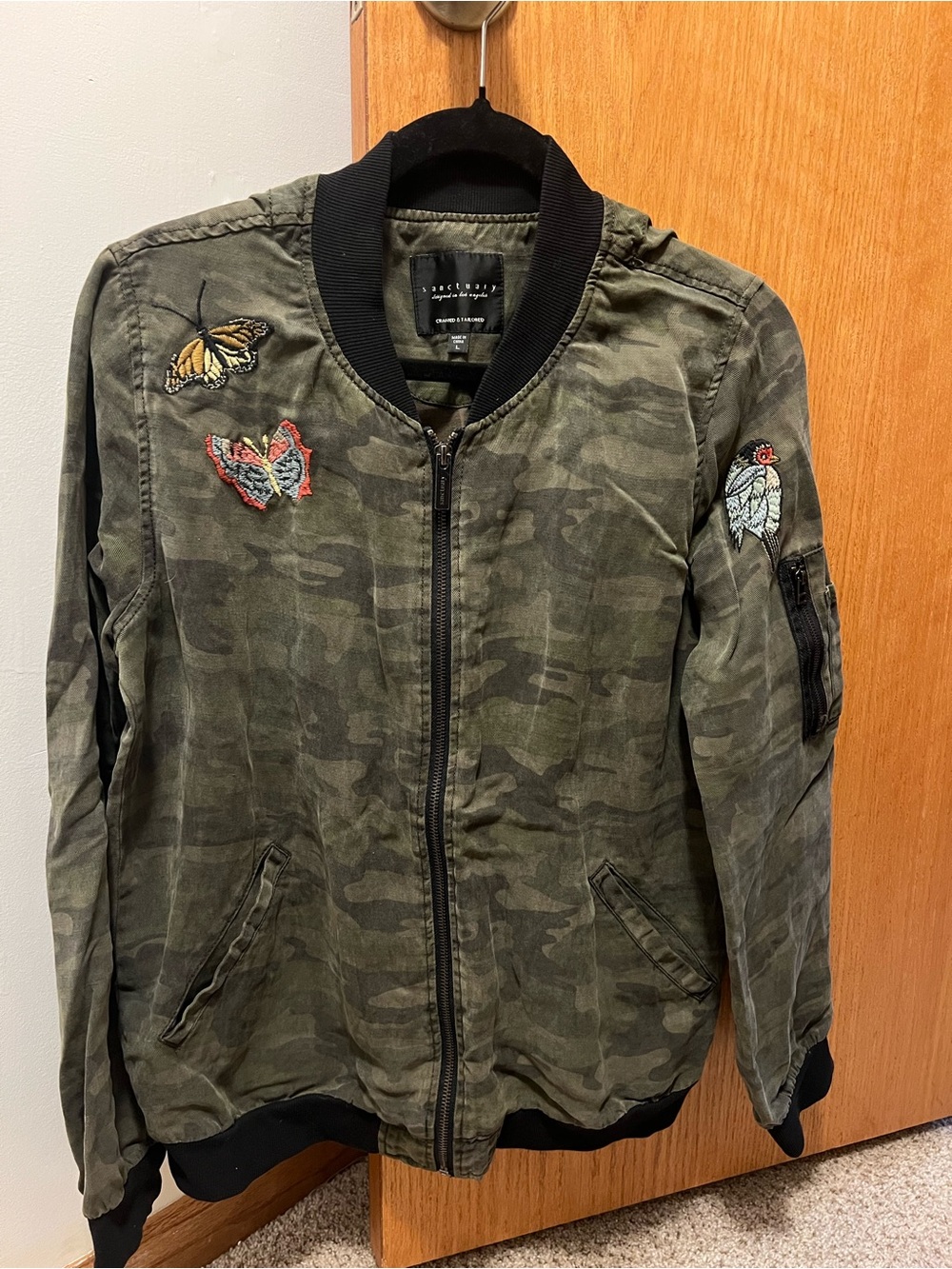 Sanctuary Olive Camo Bomber Jacket with Embroidered Patches